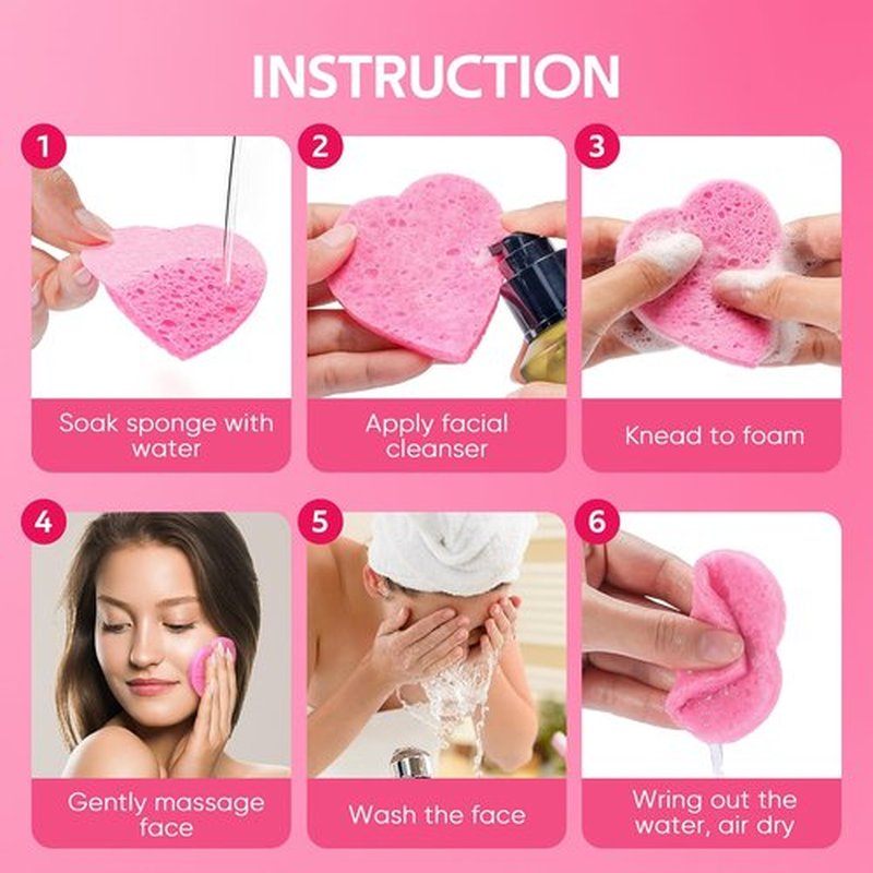 GAINWELL 50-Count Heart Shape Compressed Facial Sponges for Daily Facial Cleansing and Exfoliating, 100% Natural Cosmetic Spa Sponges for Makeup Remover