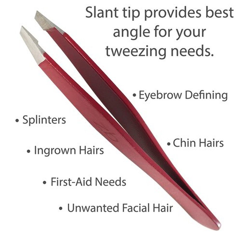 Tweezers – Surgical Grade Stainless Steel - Slant Tip for Expert Eyebrow Shaping and Facial Hair Removal – with Protective Pouch - Best Tweezer for Men and Women (Ruby Red)