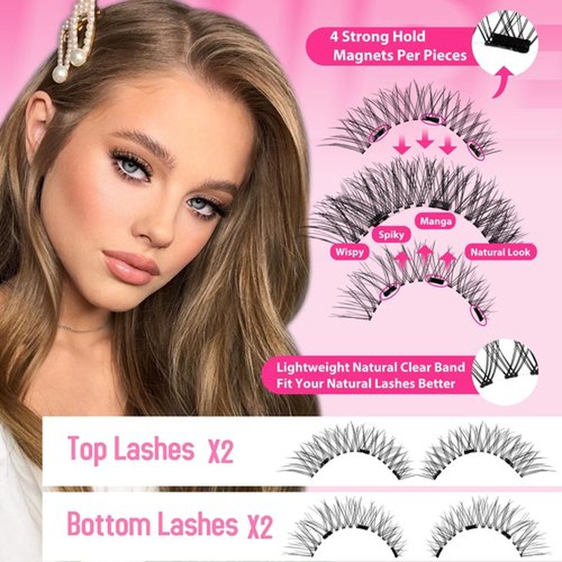 JIMIRE Magnetic Eyelashes Natural Look Wispy Eyelashes Magnetic Lashes with Applicator Cat Eye No Glue Needed Magnetic Lashes without Eyeliner Clear Band False Eyelashes with Magnets 1 Pairs Pack