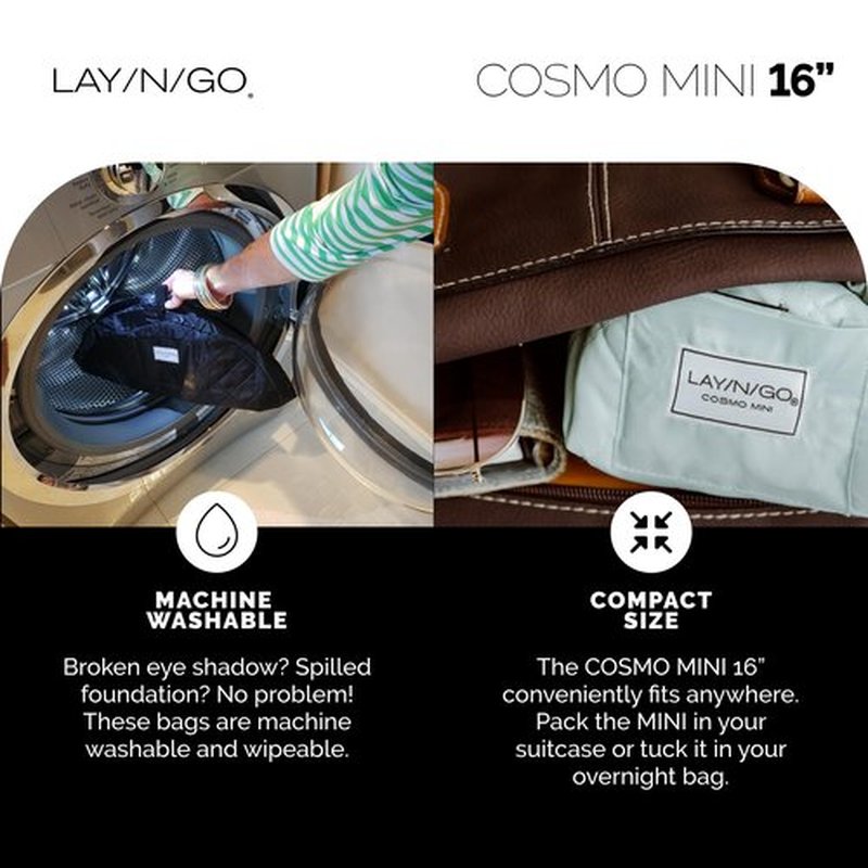 Lay-n-Go Cosmo Drawstring Cosmetic & Makeup Bag Organizer - Portable Drawstring Makeup Bag w/Zipper Pocket, Makeup Loops & More - Durable, Machine Washable Makeup Bag for Travel (16”, Black)