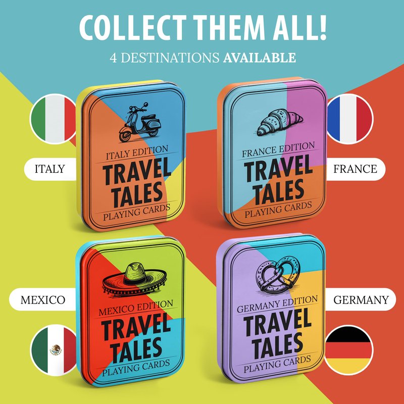 All7s Travel Tales Italy Edition - Italian Playing Cards for Adults for Dad - 52 Phrase Deck in Tin