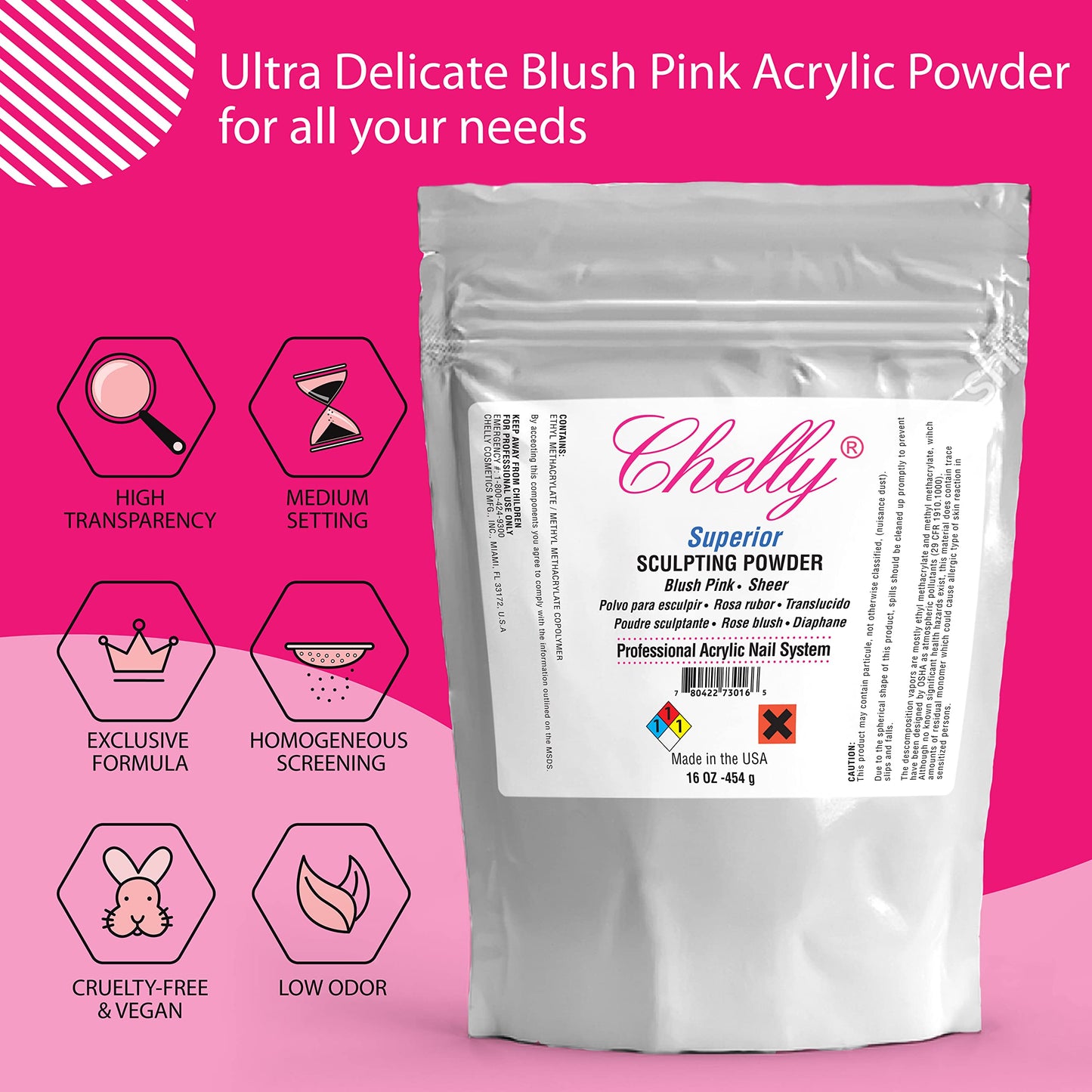 Chelly Superior Sculpting Powder Professional Acrylic Nail System Clear Blush Pink Medium Pink 16 oz 454 g (Blush Pink)