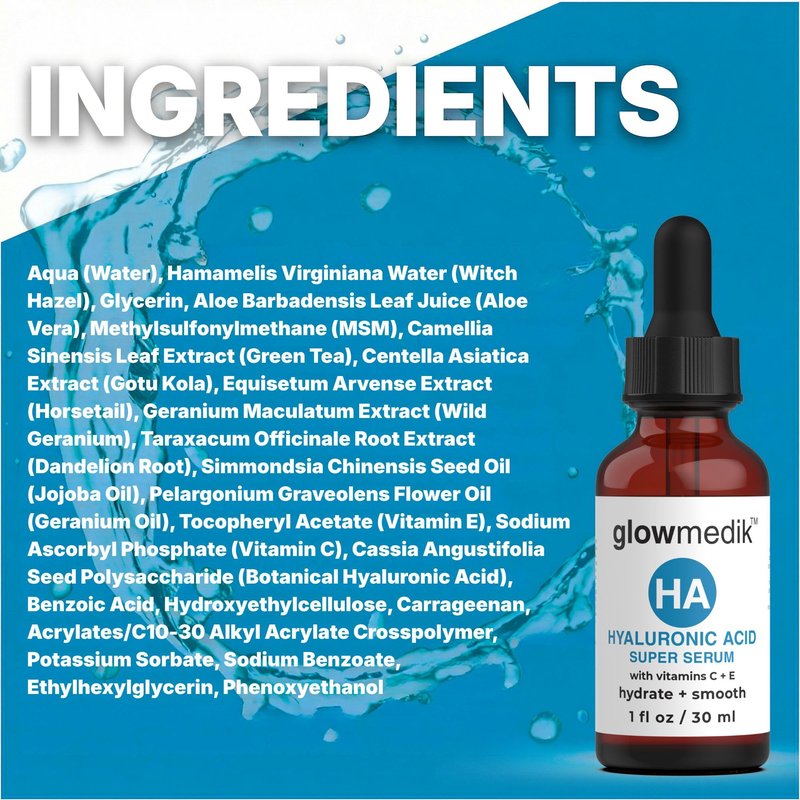 Glowmedik Hyaluronic Acid Serum for Face with Vitamin C & E - Advanced Hydrating Face Serum for Dry Skin, Fine Lines & Wrinkles - Vegan Facial Moisturizer for Women 1 fl oz 30ml