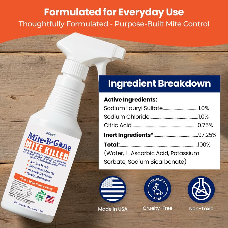 Dust Mite Killer Spray by Mite-B-Gone 16oz | Naturally Kills Human Mites, Chicken, Bird, Dust, Spider, Rat, Turkey, Carpet Mites | Family & Pet Safe Treatment for Homes, Furniture, Bedding & Farms
