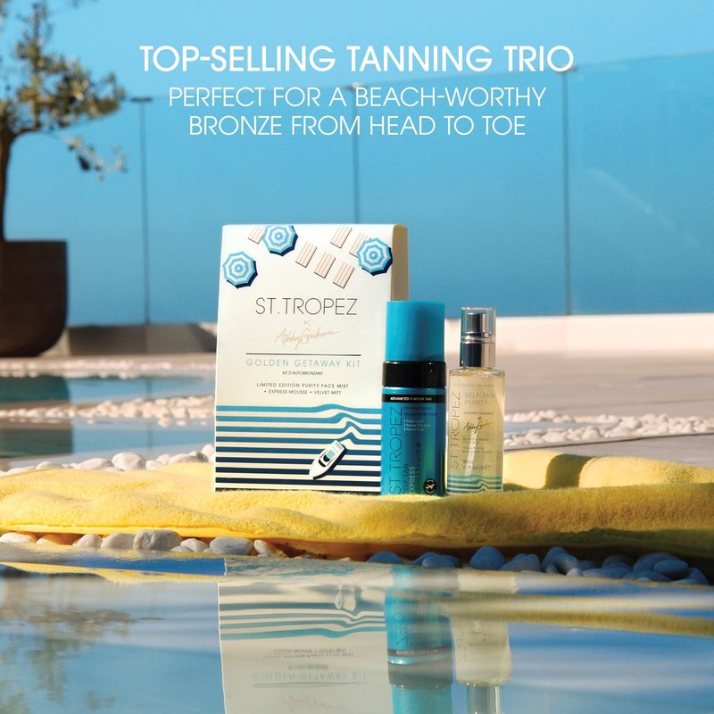 St.Tropez Ashley Graham Golden Getaway Kit, Self Tan Set with Award-Winning Express Bronzing Mousse, Velvet Applicator Mitt and Limited Edition Scent Purity Face Mist, Vegan, Natural & Cruelty Free