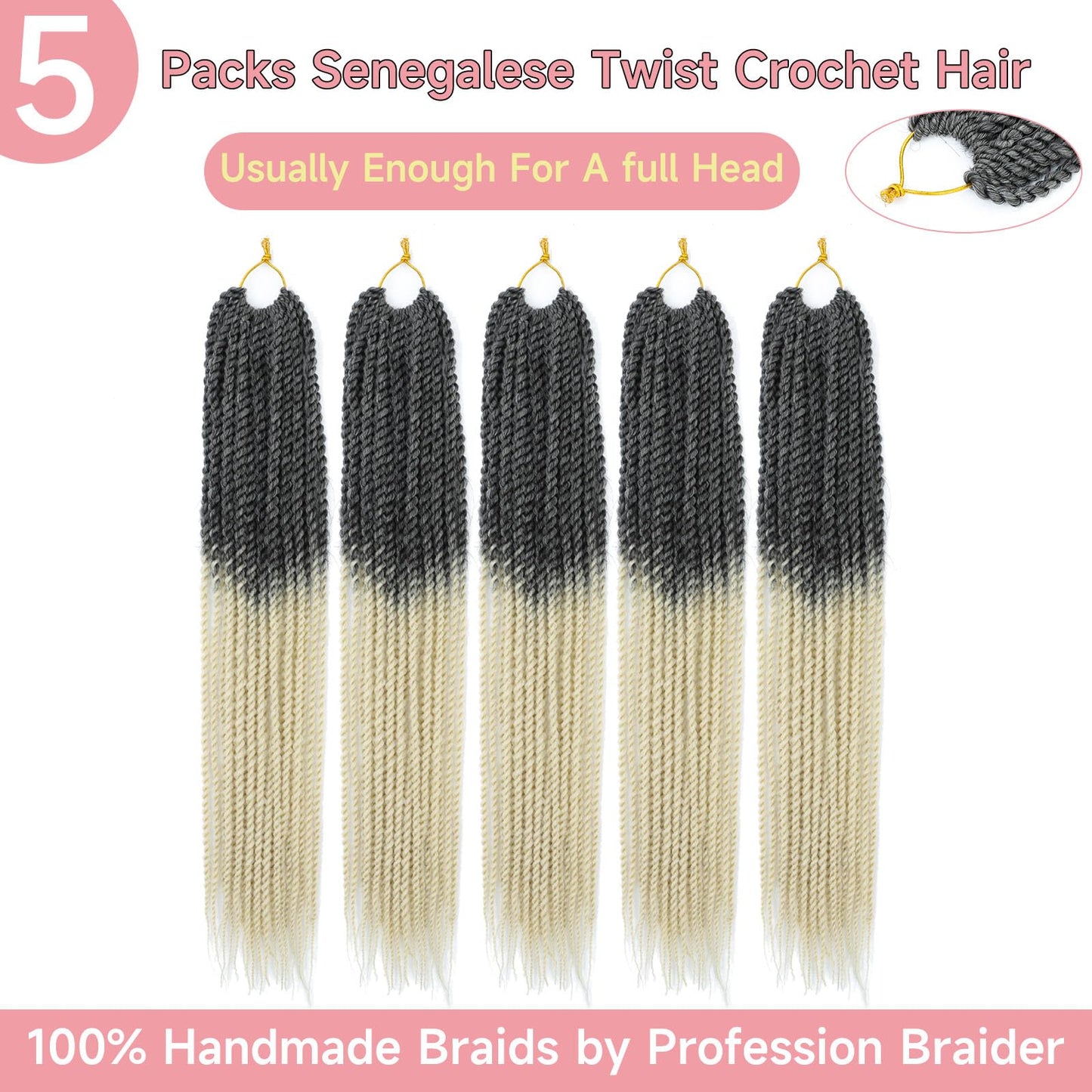 BEFUNNY Ombre Blonde Senegalese Twist Crochet Hair-5 Packs 18 Inch Senegalese Twist Crochet Braids For Women Human Hair,Pre Looped Crochet Braids, Colorful Twist Crochet Hair Extension(18in,T4/613#)