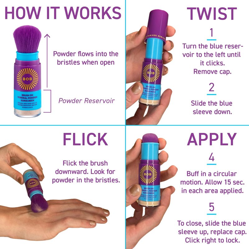 BOB KIDS SPF 50 Sun Spray + SPF 30 Brush On Powder Sunscreen, Mineral Sun Protection, Broad Spectrum, Water Resistant, Fragrance Free, Reef Friendly