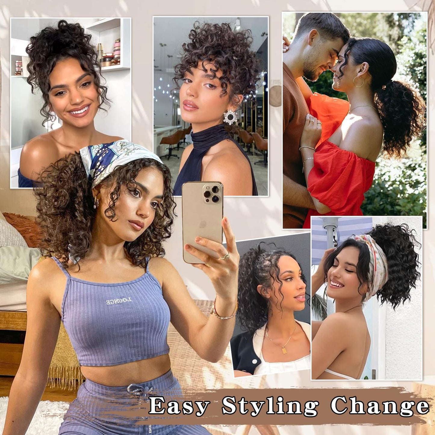 SHNMIN Ponytail Extension, Curly Drawstring Ponytail Extension for Women 8 Inch Curly Wavy Ponytail Yaki Textured Natural Fluffy Synthetic Hairpiece for Daily Use