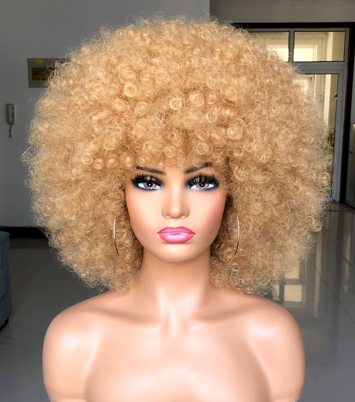HIHOO Short Afro Wig with Bangs for Black Women Afro Kinky Curly Wig 70s Premium Synthetic Big Afro Wig(Blonde)