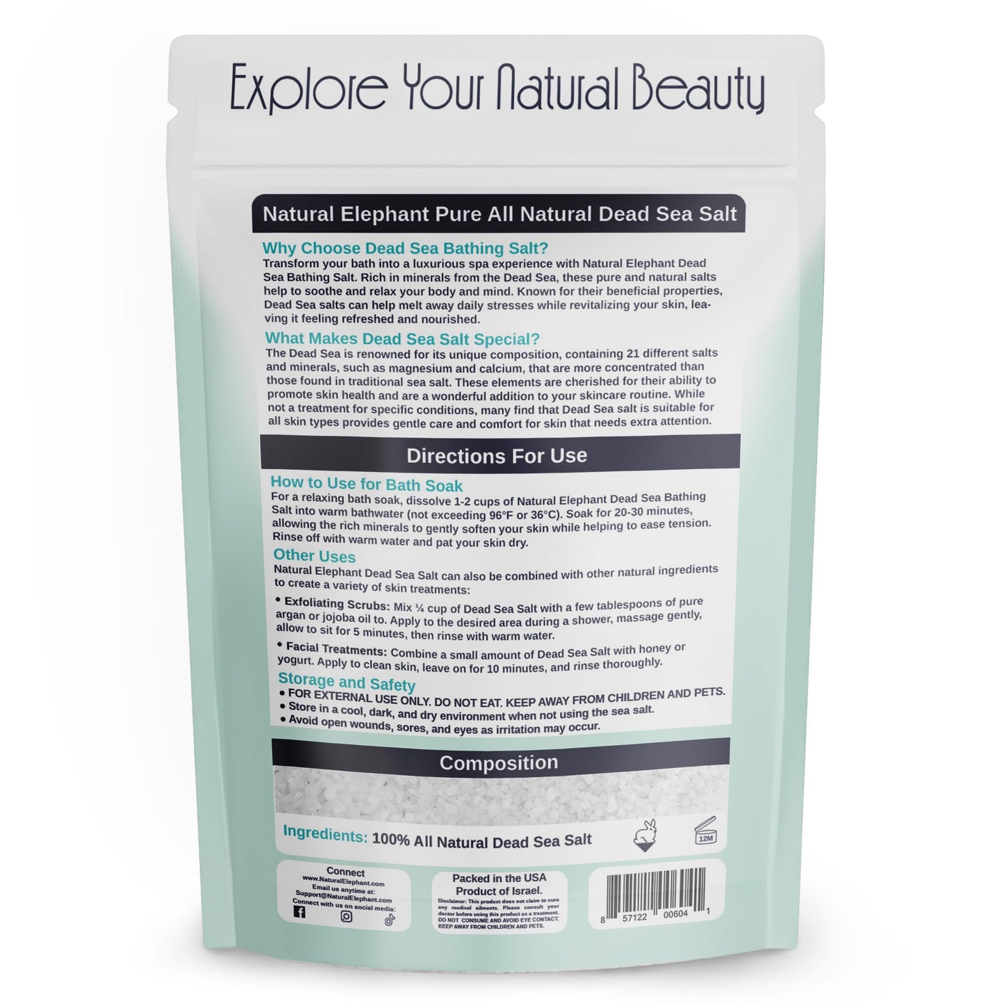 Natural Elephant Dead Sea Bath Salt | 1 Pound Bag (16oz) | 100% Natural and Pure| Coarse Grain | Ideal for Baths and Soaks