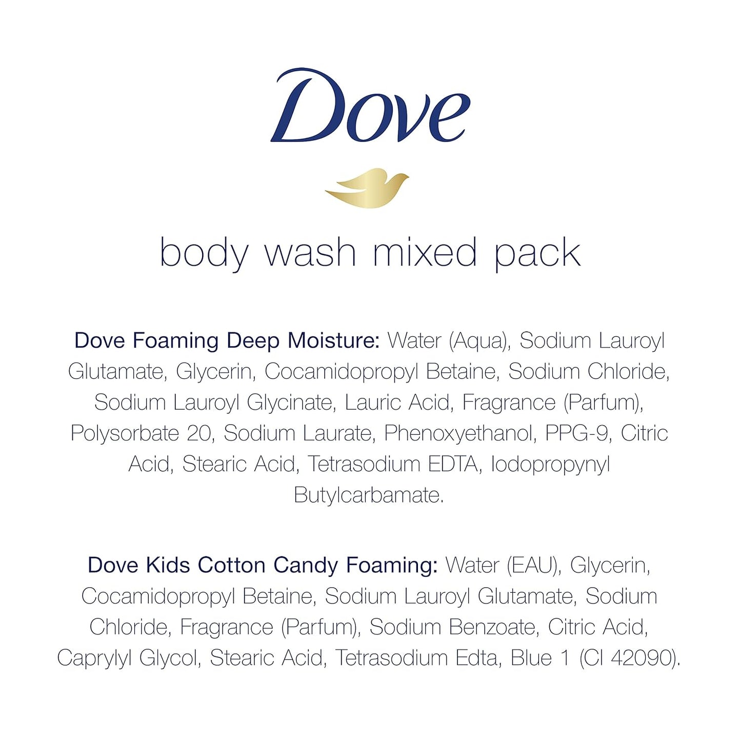 Dove Foaming Body Wash for Soft, Smooth Skin Deep Moisture and Kid's Cotton Candy 2 Skin Care Products for the Family In One Bundle (Pack of 4)