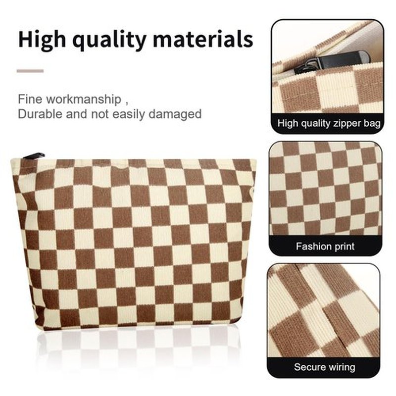Wudimeitt Cosmetic bag Makeup bag Preppy Cute Corduroy Toiletry bag for women travel essentials (Plaid khaki)