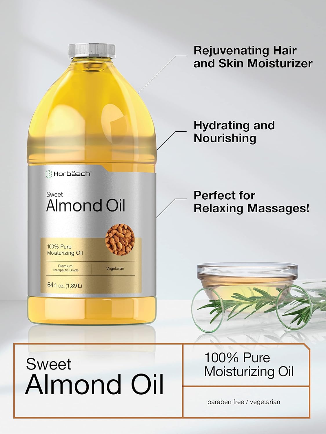 Horbäach Sweet Almond Oil 64 fl oz | for Hair and Skin | Cold Pressed & Hexane Free | Bulk Size Carrier Oil | Vegan, Non-GMO, Cruelty Free
