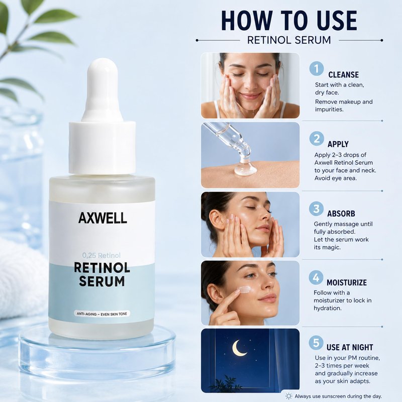 Axwell Retinol 0.25% Face Serum - Anti-Aging Night Renewal with Hexapeptide-8, Hyaluronic Acid & Shea Butter for Fine Lines, Wrinkles, Pores & Smoother Skin - Gentle Formula (1 fl oz)