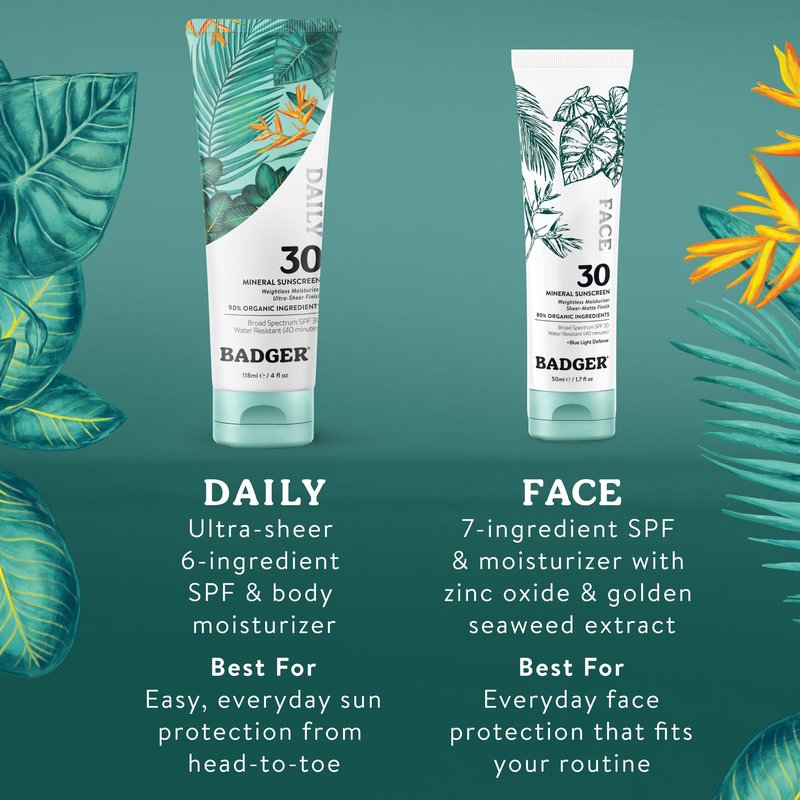 Badger Mineral Daily Sunscreen with Zinc Oxide, SPF 30, Lightweight & Easy to Apply w/No White Cast, Moisturizing Organic Sunscreen, Reef Safe, Vegan, Unscented, 4 fl oz, 2-Pack