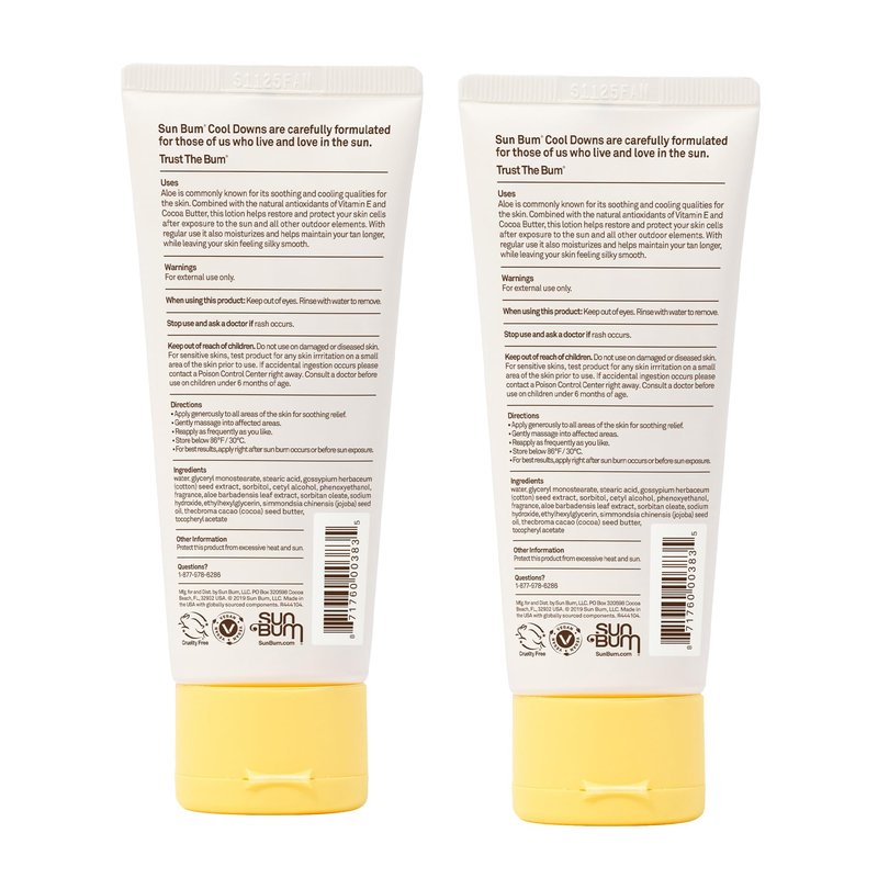 Sun Bum Cool Down Aloe Vera Lotion Vegan With Cocoa Butter To Soothe and Hydrate Sunburn 3 Ounce 2 Pack