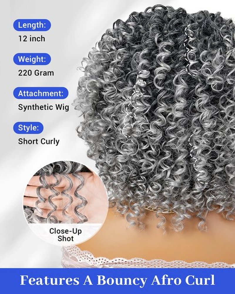 Afro Curly Wigs with Bangs for Black Women Kinky Curly Synthetic Hair Heat Resistant 12 Inch Short Ginger Wig for Daily Party (Grey)