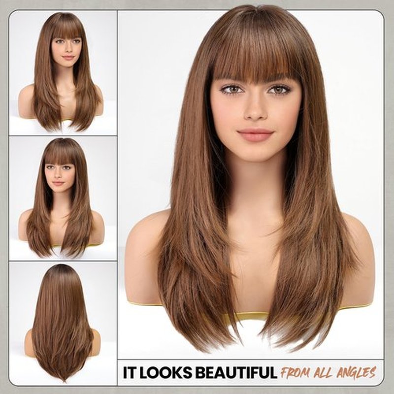 EMMOR Brown Wig With Bangs For Women Long Straight Layered Wigs Synthetic Layered Hairstyle For Girls Party Cosplay And Daily Use(26" Brown)