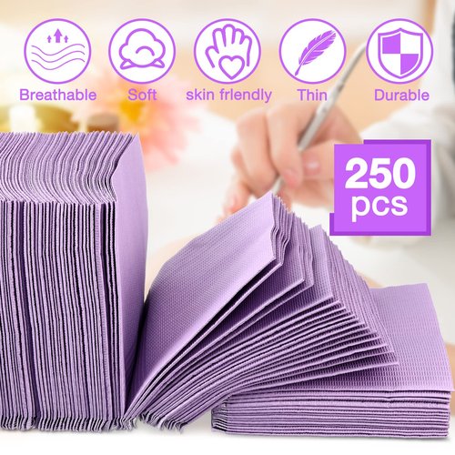 Newwiee 250 Pcs Disposable Nail Table Towels Mat, 13'' x 18'' Patient Bibs 3 Ply Waterproof Tattoo Bibs Nail Towels Paper Tray Covers Clean Pads Tattoo Supplies (Purple)