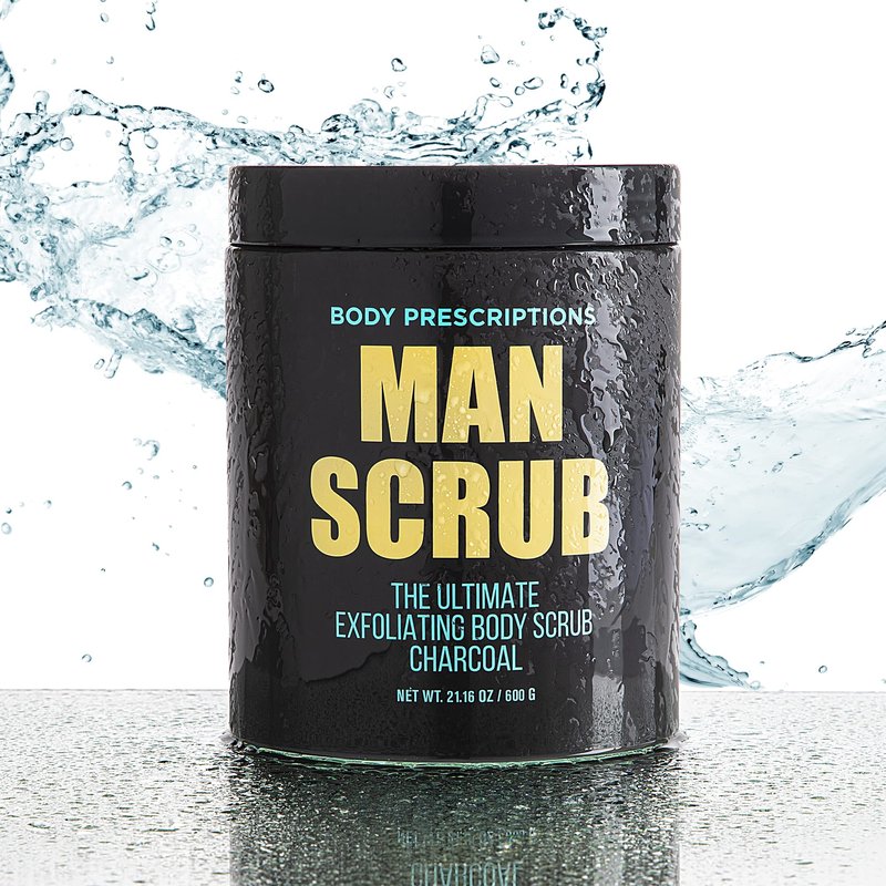 Body Prescriptions Men’s Exfoliating Body Scrub – Ultimate Skin Cleansing Wash in Jar with Twist-Top Lid, For All Skin Types, 21 Ounce (Pack of 4), Charcoal