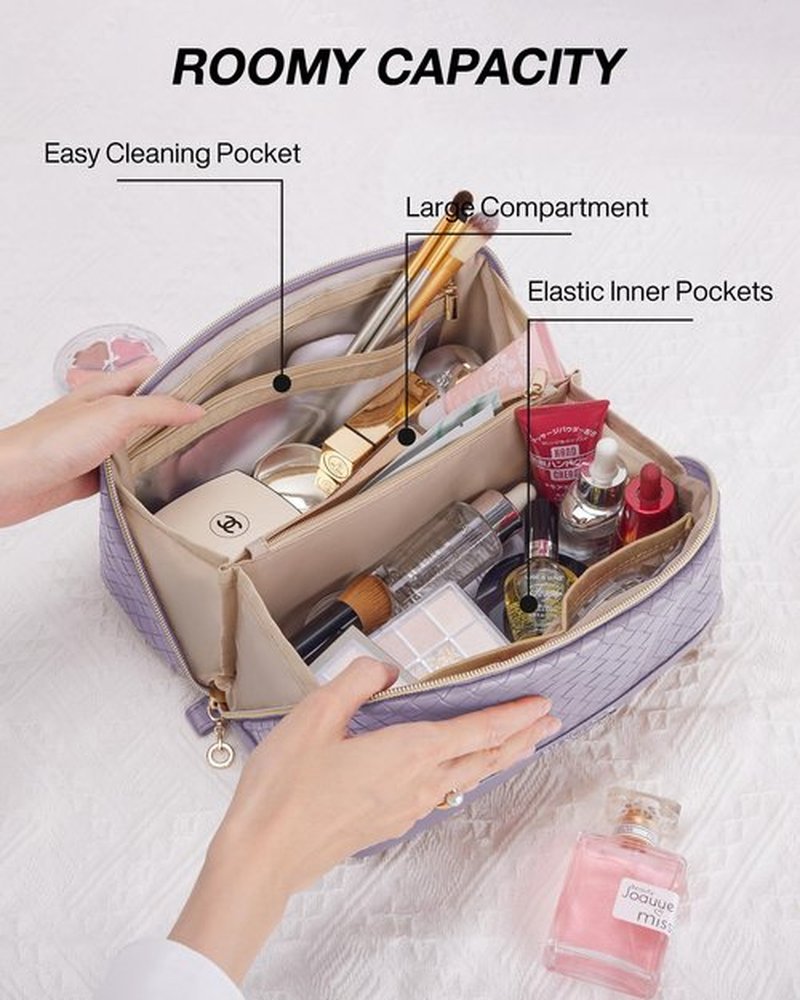 BAGSMART Makeup Bag Cosmetic Bag, Travel Makeup Bag, PU leather Makeup Bags for Women Portable Water-resistent Pouch Open Flat Make Up Organizer Bag for Toiletries, Brushes, PU Leather Purple
