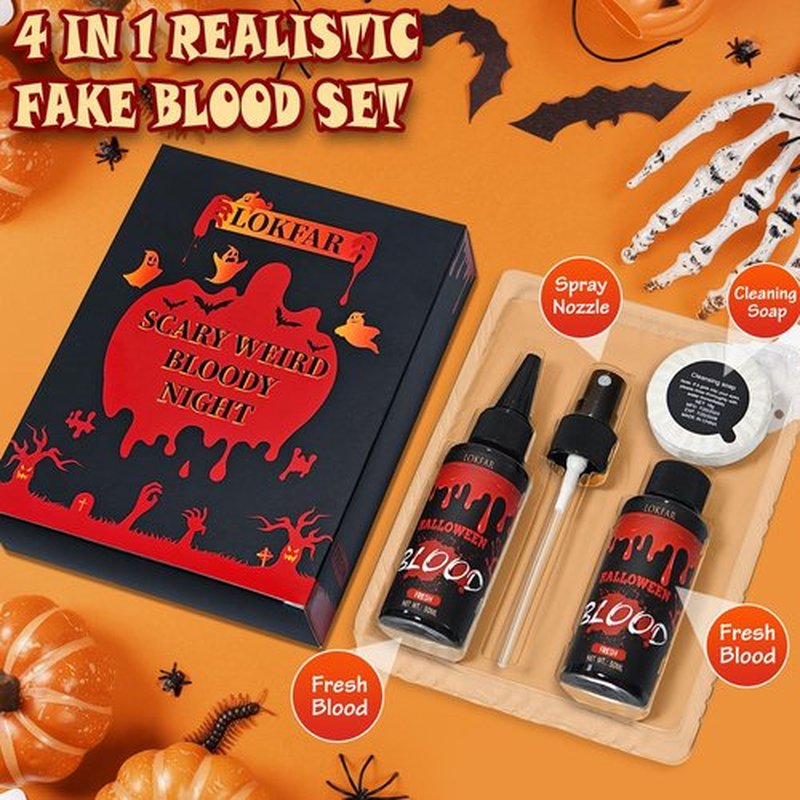 3PCS Halloween Fake Blood Makeup Kit, Fake Blood Spray 50ML + Dripping Blood 50ML + Cleansing Soap, Fake Blood Washable for Clothes Face Zombie Monster Vampire Cosplay SFX Makeup (Fresh + Fresh)