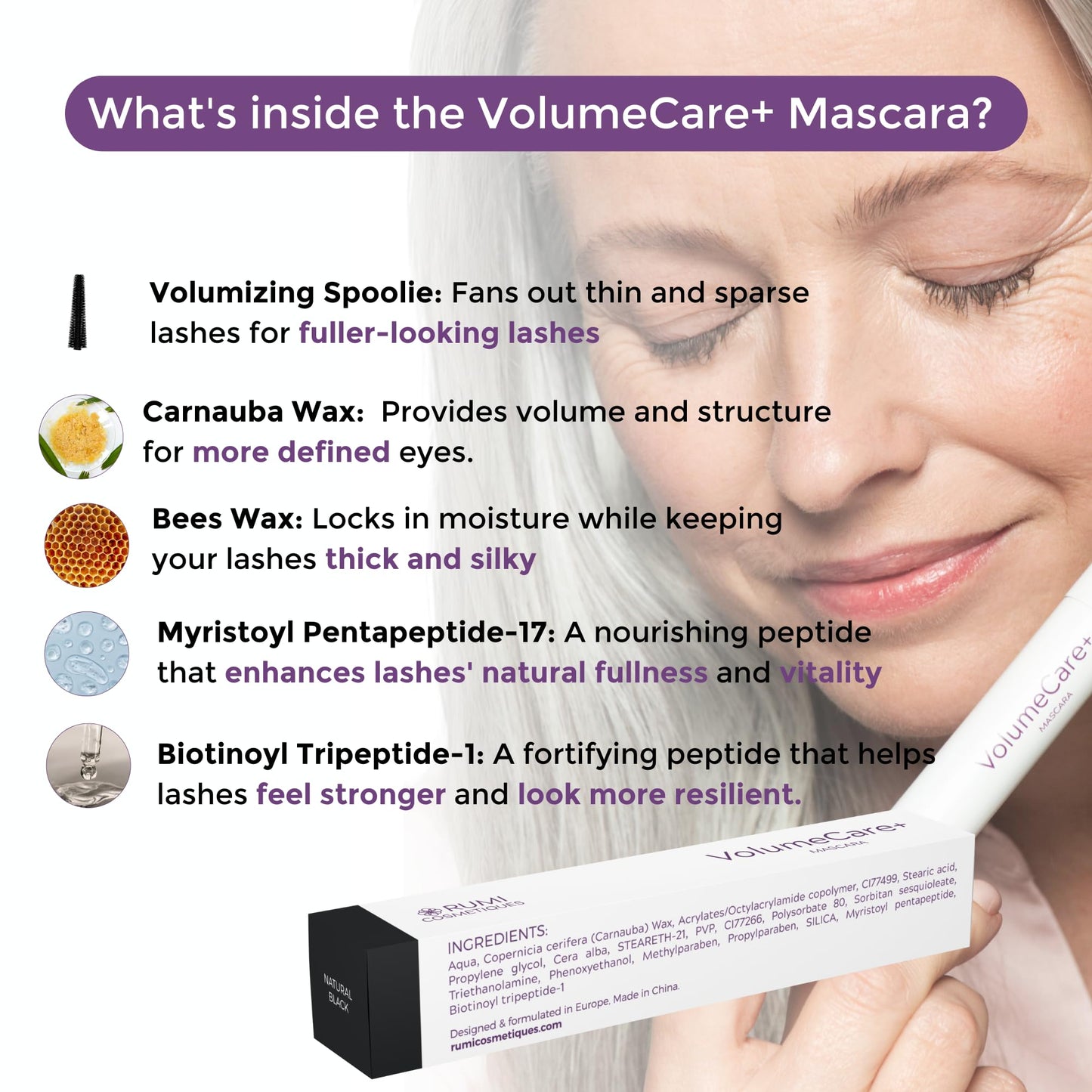 Rumi Cosmetiques VolumeCare+ Mascara For Older Women - Extreme Length and Volume 2-in-1 Formula - No Clumps, Long-Wearing, Hypoallergenic Mascara For Sensitive Eyes (Natural Black)