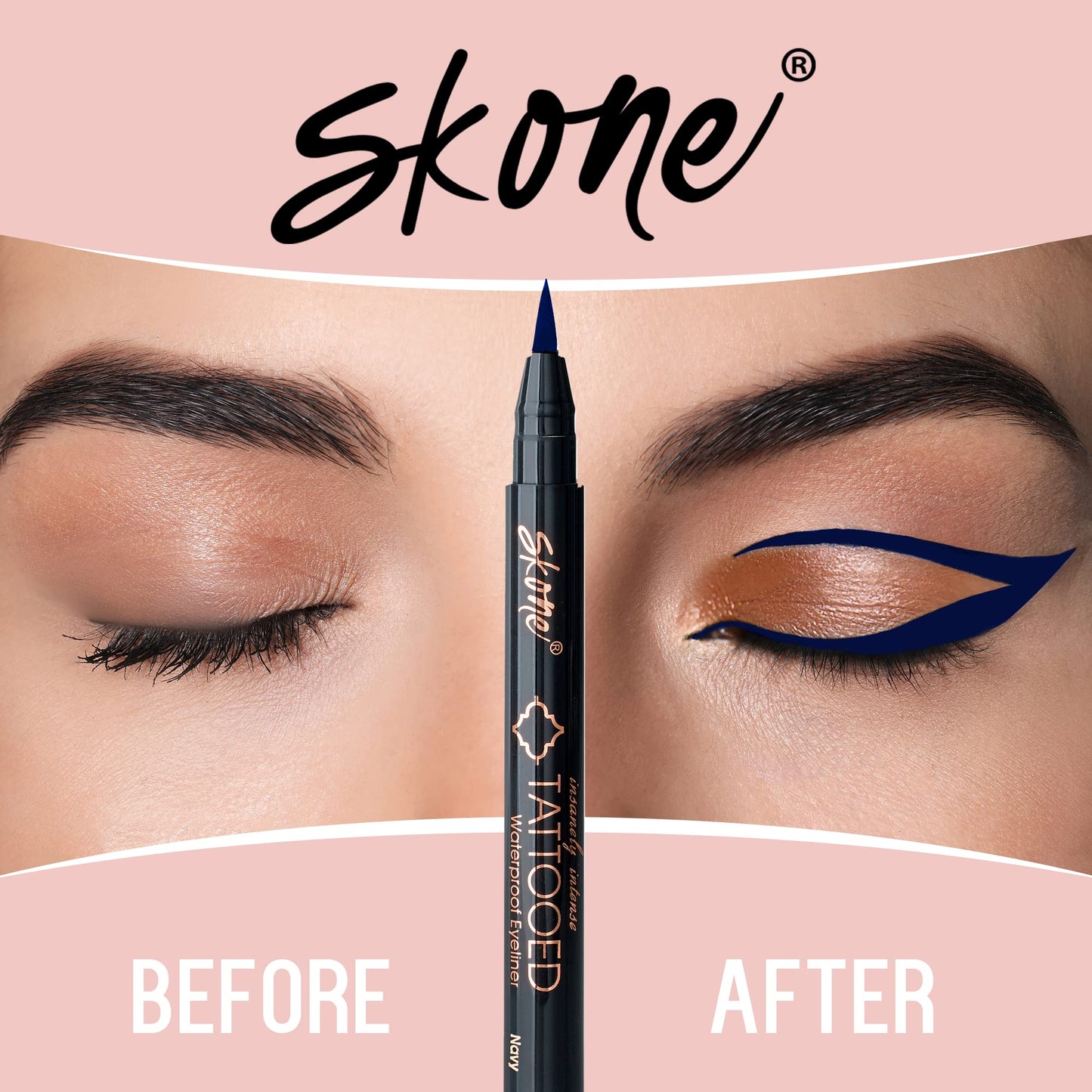 Skone Cosmetics Insanely Intense Tattooed Eyeliner Pen - Waterproof Liquid Eyeliner, Long Lasting, Sweat Proof, Smudge Proof Felt Tip Liquid Eyeliner - Pigmented Eye Liner Makeup - Navy (0.07oz)