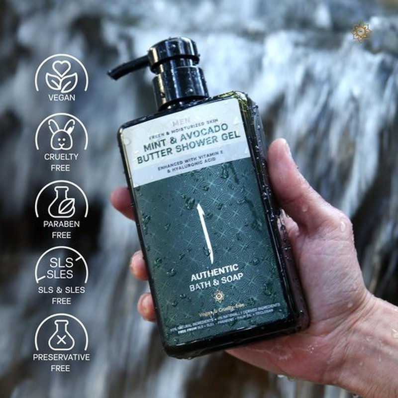 AUTHENTIC BATH & SOAP Sensitive Skin Body Wash – Organic Mint Essential Oil & Avocado Butter – Hydrating Shower Gel with Vitamin E & Hyaluronic Acid – SLS Free, Moisturizing & Refreshing, 16.9 Fl Oz