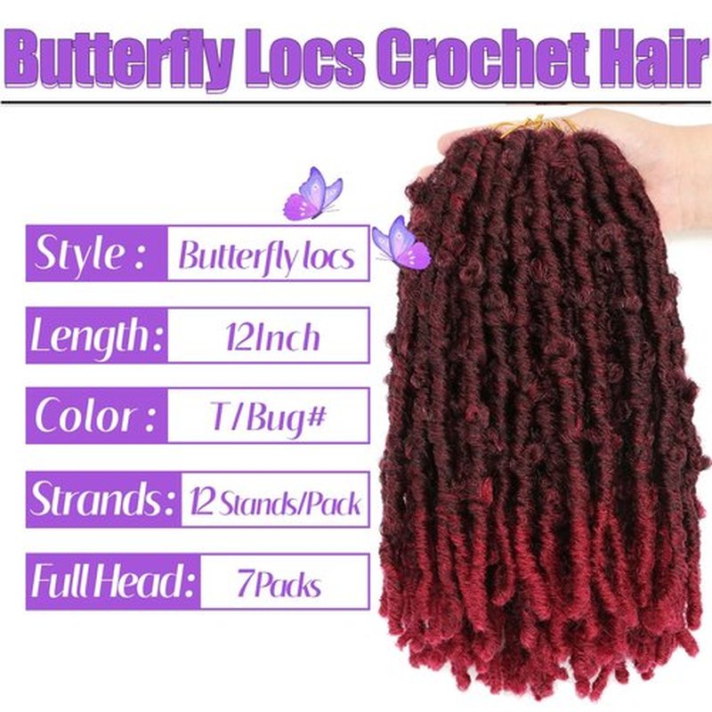 Butterfly Locs Crochet Hair-7 Packs Faux Locs Crochet Hair 12 Inch Distressed Soft Locs Crochet Hair For Black Women (12 Inch(Pack of 7), TBurgundy)