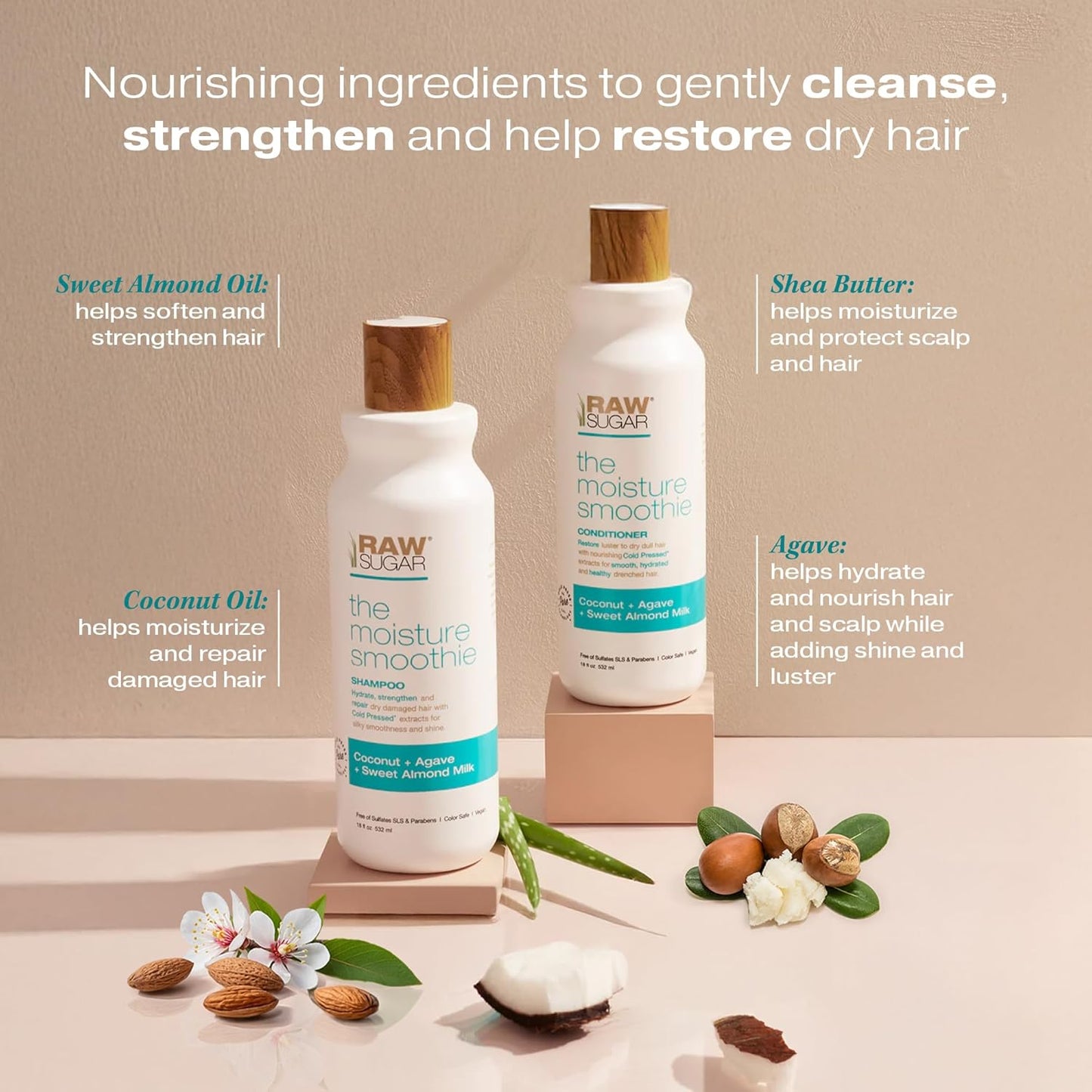 Raw Sugar Moisture Smoothie Shampoo and Conditioner Set, Moisturize & Nourish Dry Hair, Bulk Shampoo and Conditioner with Coconut Oil, Agave & Sweet Almond Oil, Formulated without Sulfates & Parabens