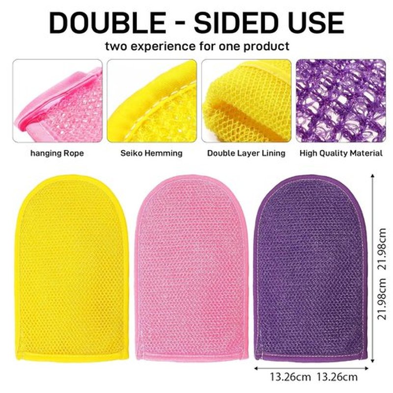 RIUOTA 3 Pieces African Net Sponge Exfoliating Mitts Exfoliator Gloves Visibly Lift Away Dead Skin, Great for Spray Tan Removal or Keratosis PilarisExfoliating Mitts (Pink,Yellow,Purple)