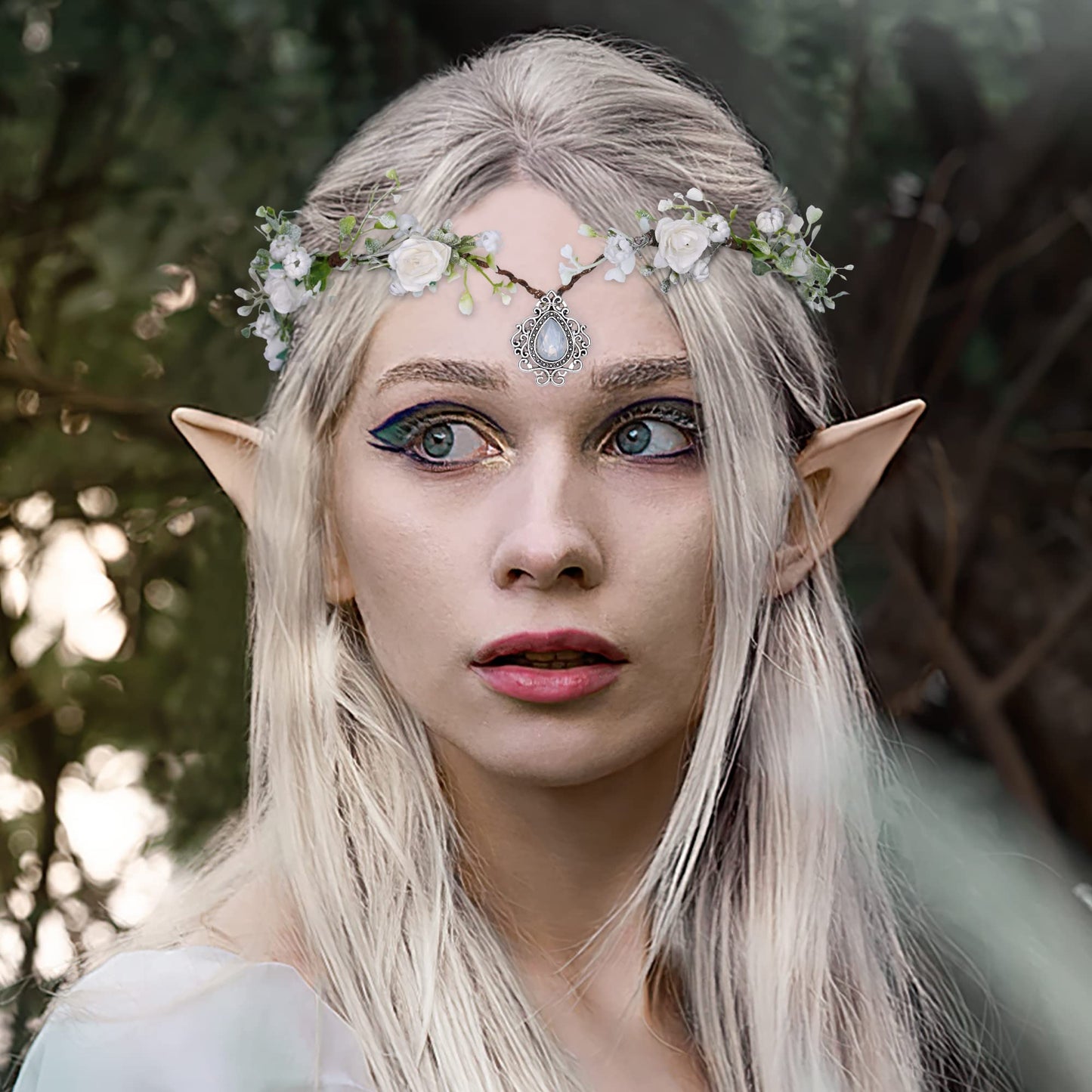 MOSTORY Woodland Fairy Flower Crown Girl - Floral Elf Headpiece with Crystal V-shape Elven Tiara Handmade for Women Bridal Variable Size Wreath Headband for Cosplay Halloween Christmas Party Wedding