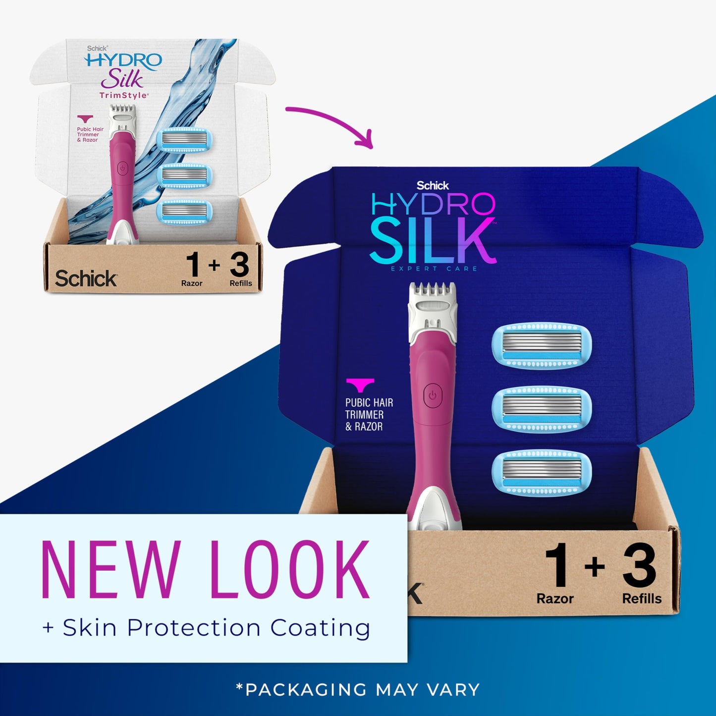 Schick Hydro Silk TrimStyle Razor for Women with Bikini Trimmer | 5-Blade Womens Razor with Trimmer, 2-in-1 Waterproof Pubic Hair Trimmer & Razor | 1 Handle & 3 Razor Blade Refills