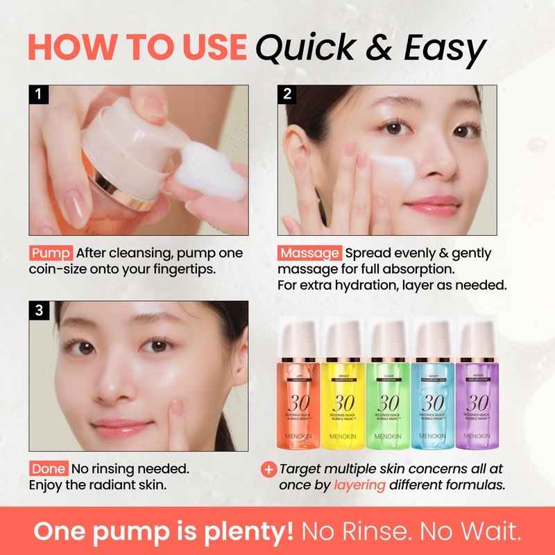 MENOKIN Glass Skin Full Set (5-in-1) 30 Seconds Quick Bubble Mask (Lift, Bright, Clear, Moisture, Repair) Firming, Brightening, Soothing, Moisturizing, Anti-Aging, Korean Face Mask, 3.21 fl oz Each