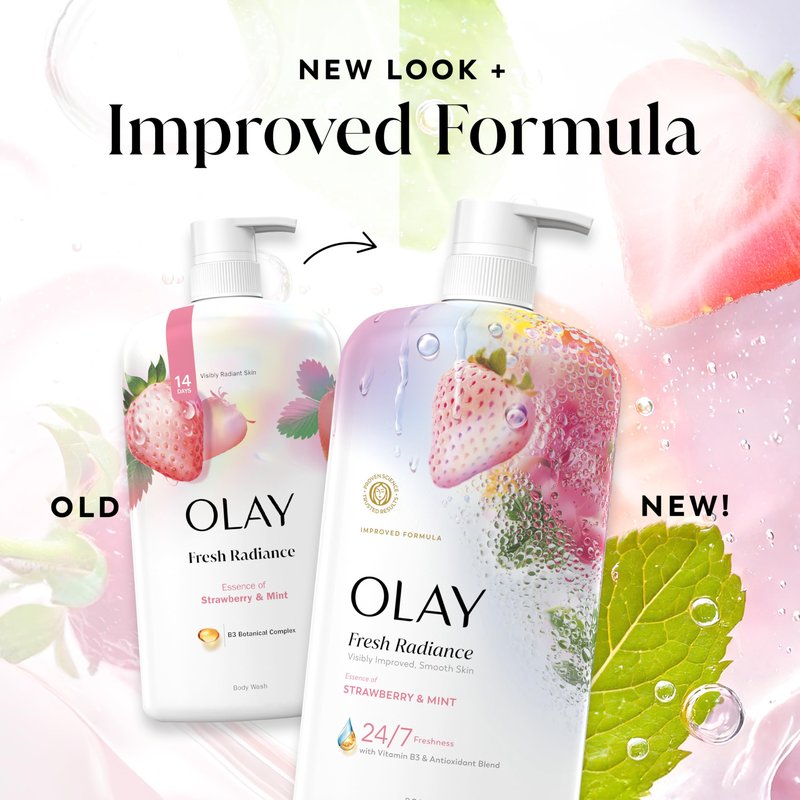 Olay Body Wash for Women, Fresh Radiance, 24/7 Skin-Loving Freshness, Visibly Radiant, Plant Based Cleansers, Vitamin B3 & Antioxidant Blend, For All Skin Types, Strawberry & Mint Scent, 29 fl oz