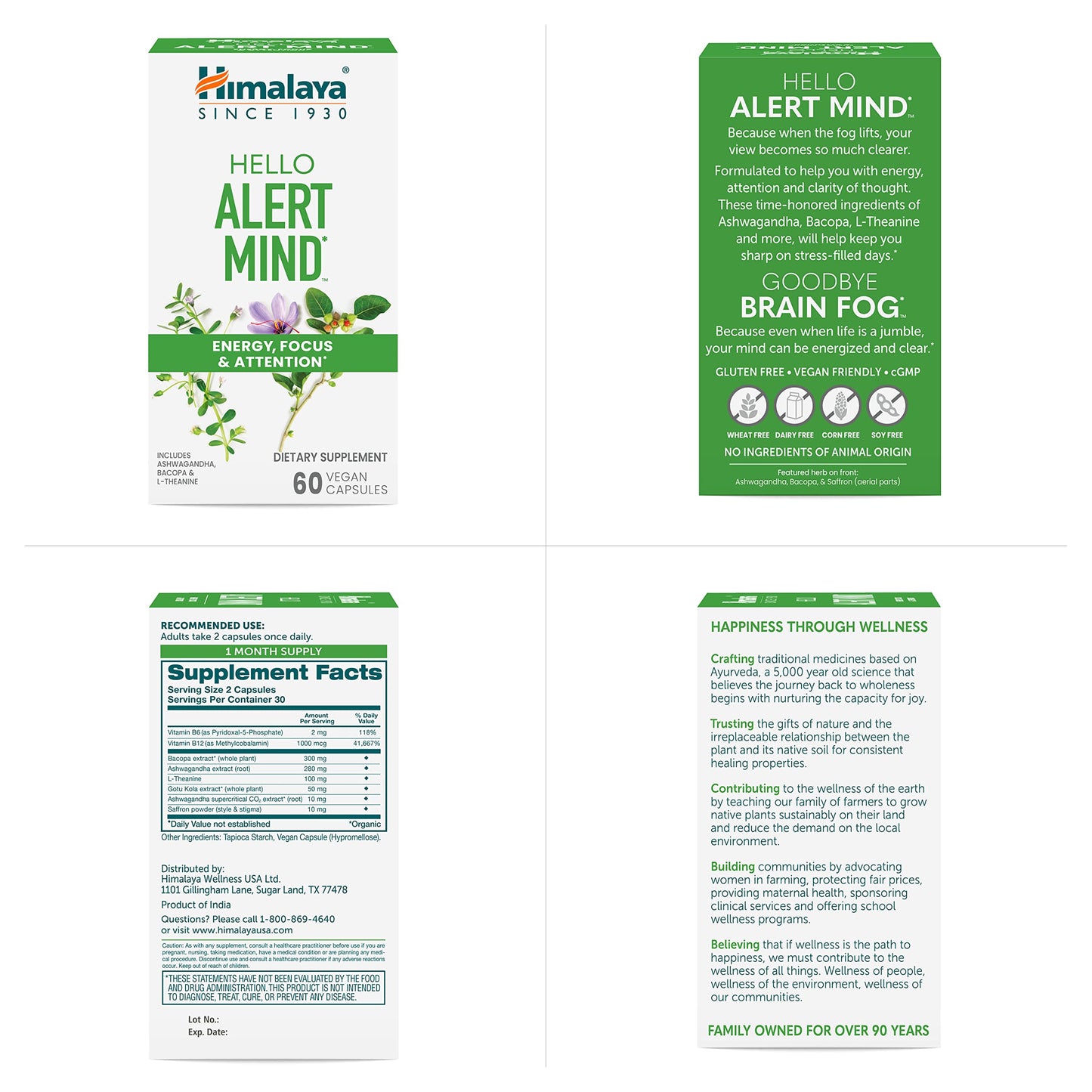 Himalaya Hello Alert Mind with L-Theanine, Ashwagandha, Bacopa, Vitamin B6 & B12, for Energy, Focus & Attention, Vegan, Gluten Free, 60 Capsules