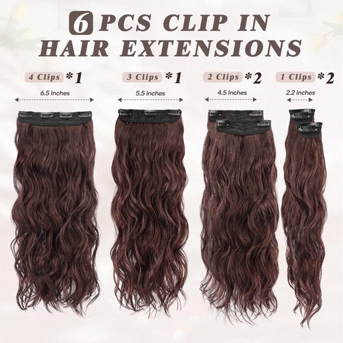 BARSDAR Brown Clip in Hair Extensions - 20 Inch Wavy Clip in Hair Extensions for Women - 6PCs Soft Thick Synthetic Chestnut Hair Extensions Clip ins Hairpieces - Reddish Chestnut Brown