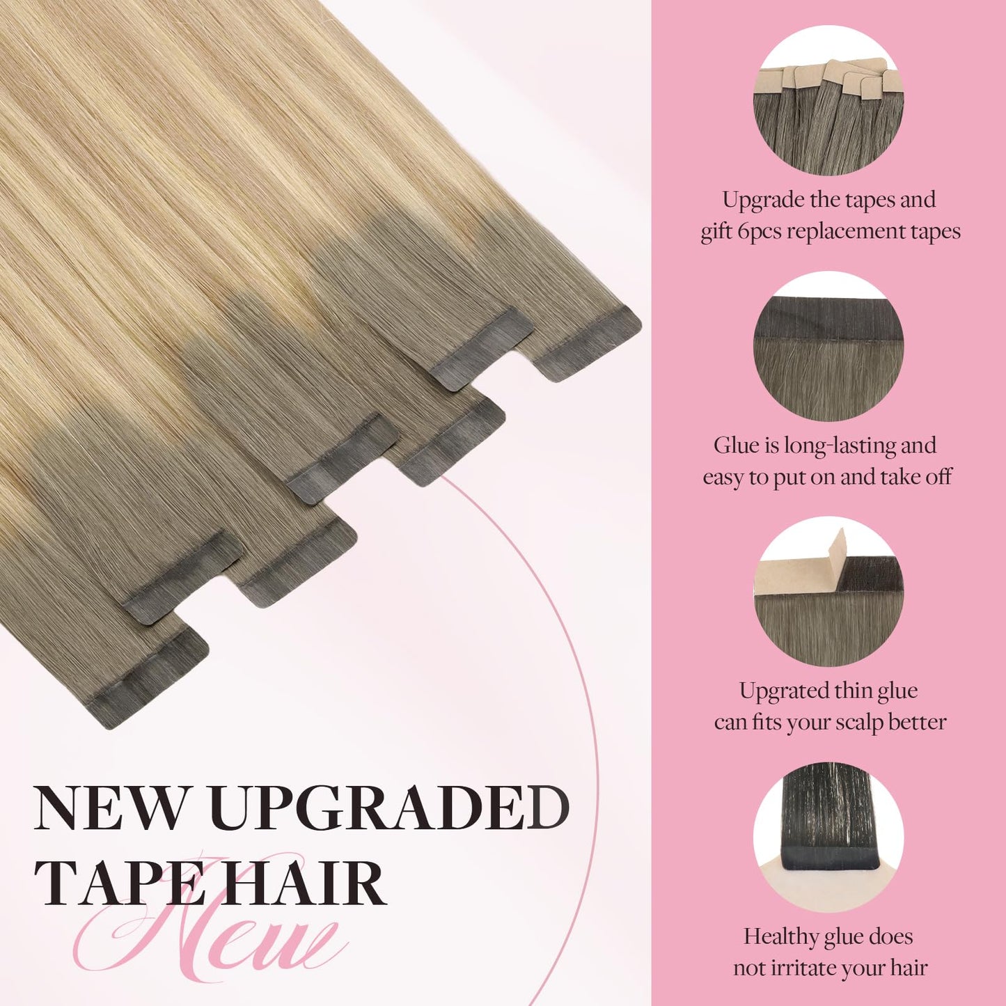 MAXITA Seamless Tape in Hair Extensions Human Hair, 100% Human Tape in Hair Extensions Light Ash Brown to Dirty Brown and Sun Blonde 14 Inch 50g 20pcs,Invisible Seamless Remy Tape for Extensions