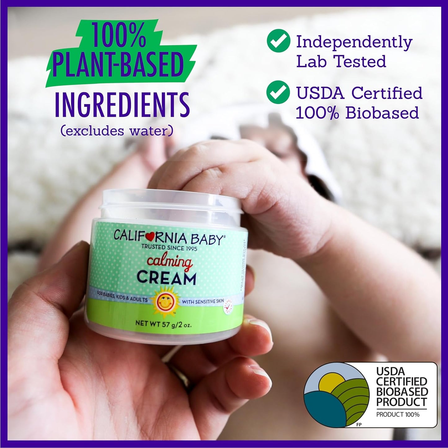 California Baby Calming Cream - 100% Plant-Based Lavender Moisturizer for Dry Skin, Hypoallergenic, 113g