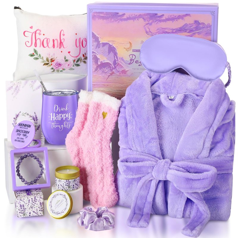 Sieral 12 Pcs Birthday Gifts for Women Spa Basket Set for Women Mother's Day Gifts Flannel Bathrobe Tumbler Scented Candle Makeup Bag Eye Mask Mirror Bracelet for Mom, Nurse, Wife, Girlfriend
