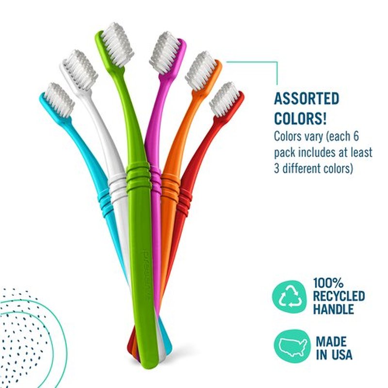 Preserve Eco Friendly Adult Toothbrushes, Made in The USA from Recycled Plastic, Lightweight Pouch, Medium Bristles, Colors Vary, 6 Pack
