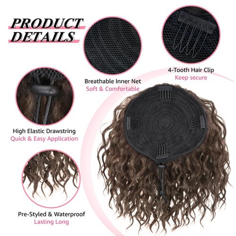 Adancyler Messy Bun Hair Piece Yaki Textured Sweet Loose Wavy Curly Hair Bun Short Drawstring Ponytail Extensions Hair Toppers Synthetic Hairpieces Pony Tails Hair Extensions for Women(Dark Brown)
