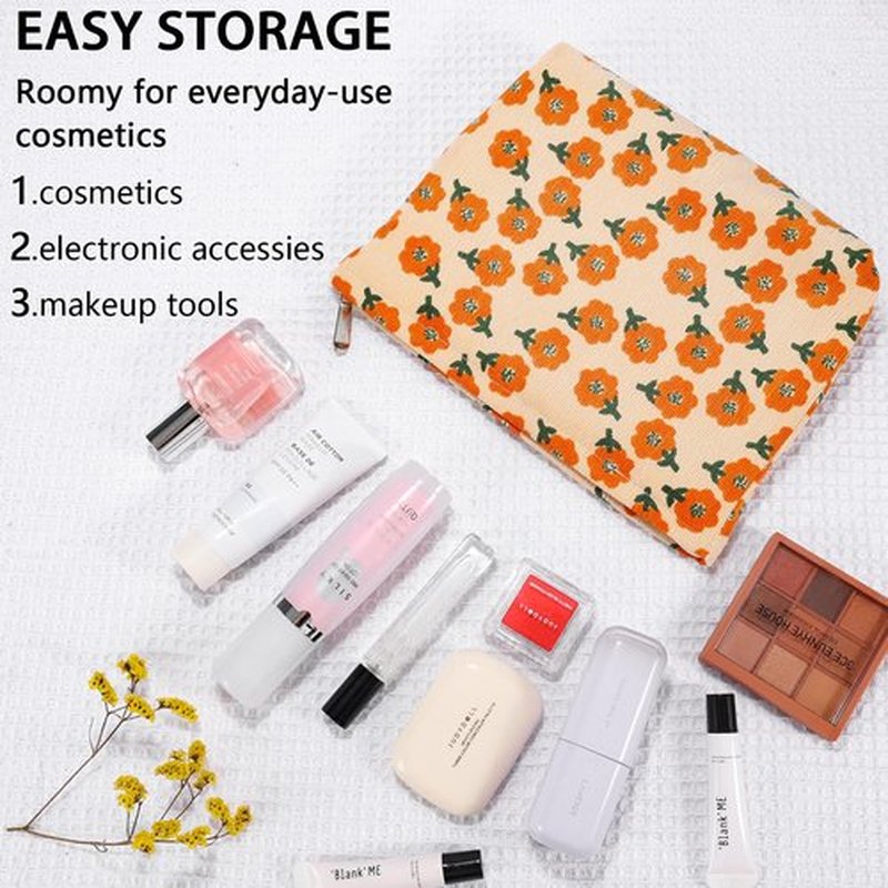 ZLFSRQ 2Pcs Daisy Flower Makeup Bag Travel Cute Cosmetic Bags for Women Large Floral Makeup Pouch Zipper Cosmetic Pouch Set for Purse Aesthetic Corduroy Makeup Organizer Bag Portable Toiletry Bag