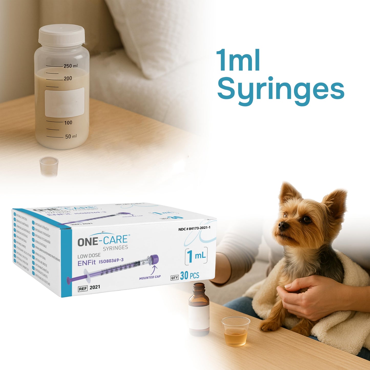 ONE-CARE Lab ENFit Syringe 1ml with Mounted Cap, Sterile, Low Dead Space, 30/bx Blister-Packed, Box of 30 Syringes,