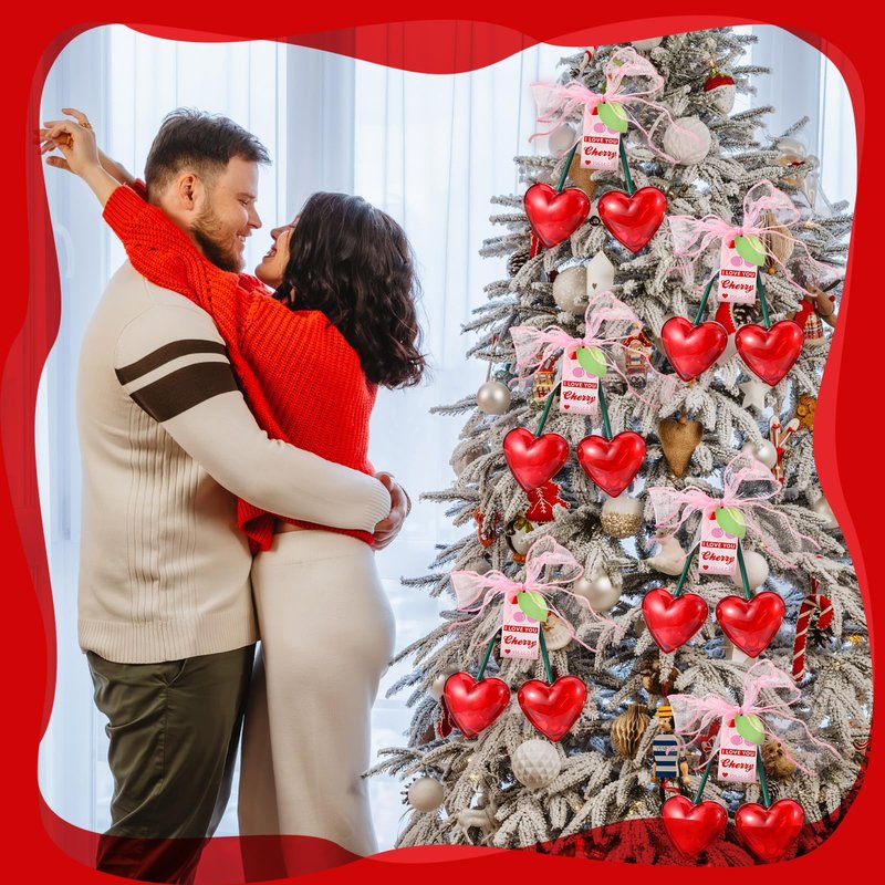 AceOrbit 12 Pcs Valentine's Day Cherry Plastic Heart Containers 4.7 Inch Red Cherry Shaped Filled Gift Candy Box with Cards Bow Valentine Hanging Ornament for Wedding Party Favor Exchange Supplies