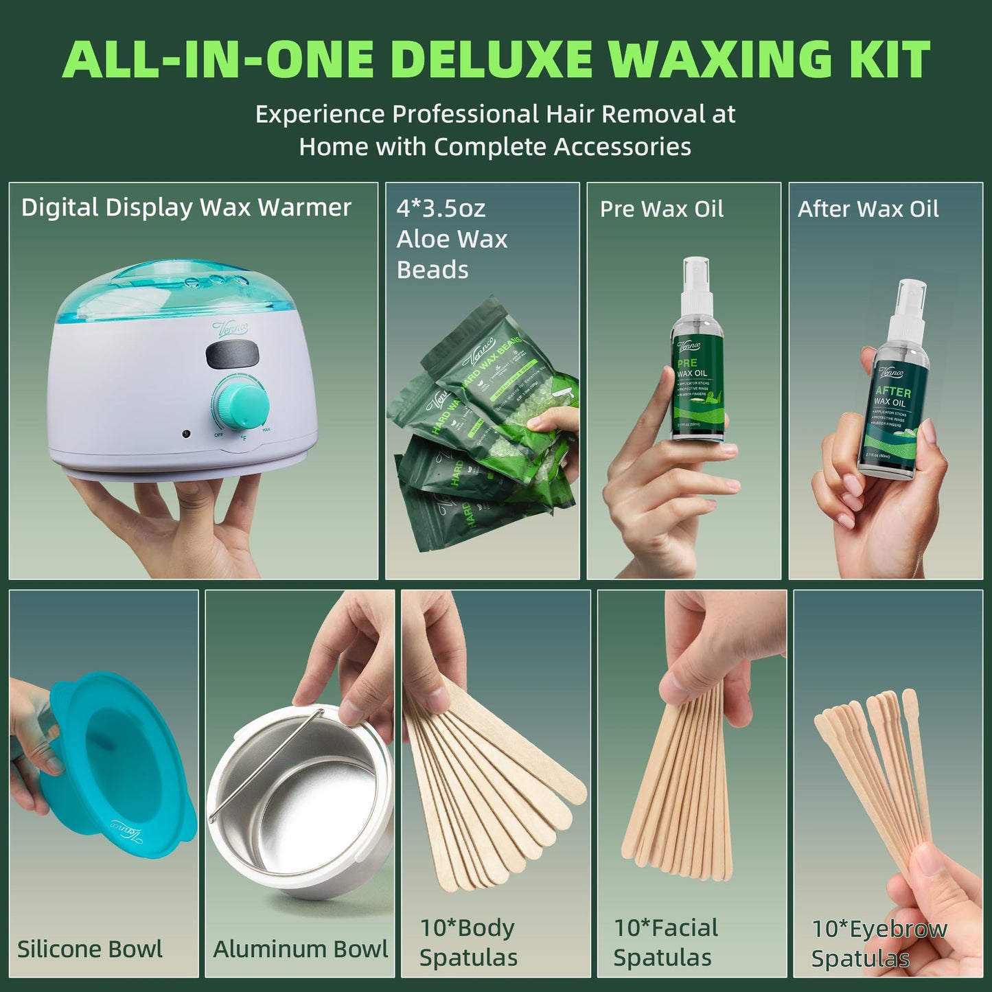 VENNCO Waxing Kit for Women Men - Premium Digital Wax Melt Warmer Kit for Sensitive Skin Coarse Hair Removal - 14oz Hard Wax Beads & Silicone Liner - for Bikini Brazilian Body Face Leg - Home Wax Kit