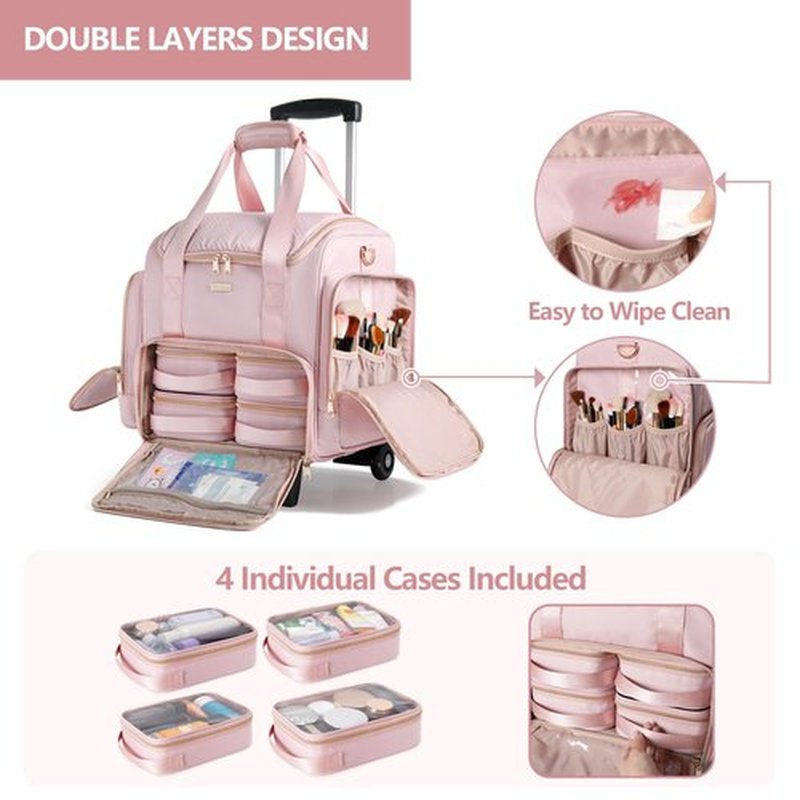 Prokva Rolling Makeup Case with 4 Removable Bags, Professional Makeup Train Case with Wheels, Makeup Artist Travel Bag with Brushes Storage Section, Pink (Patent Design)