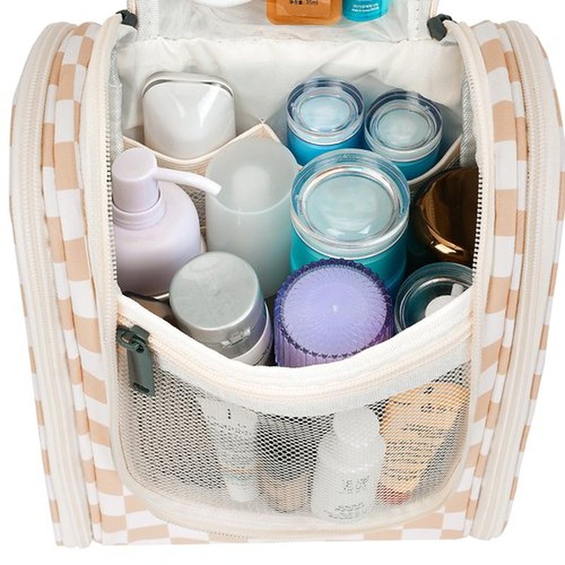 Narwey Small Hanging Toiletry Bag Women Travel Makeup Bag Organizer Toiletries Bag for Travel Size Essentials Accessories Cosmetics (Medium, Light Checkerboard-1)