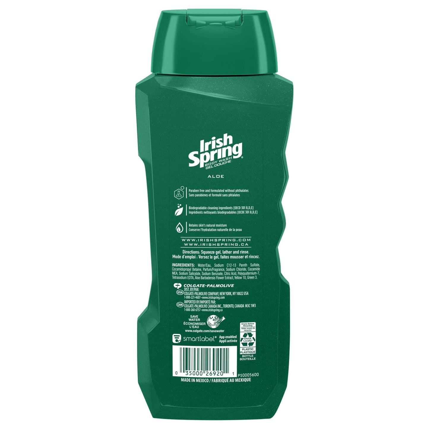 Irish Spring Men's Body Wash Shower Gel, Aloe Vera - 20 fluid ounce (Pack of 6)